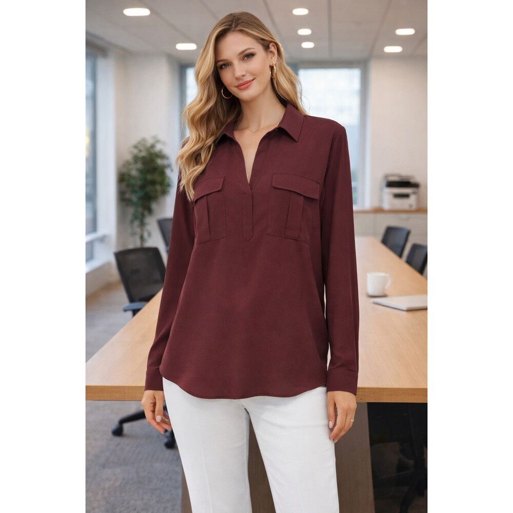 Doe & Rae Top Womens Medium Maroon The Rylen Minimalist Contemporary Workwear